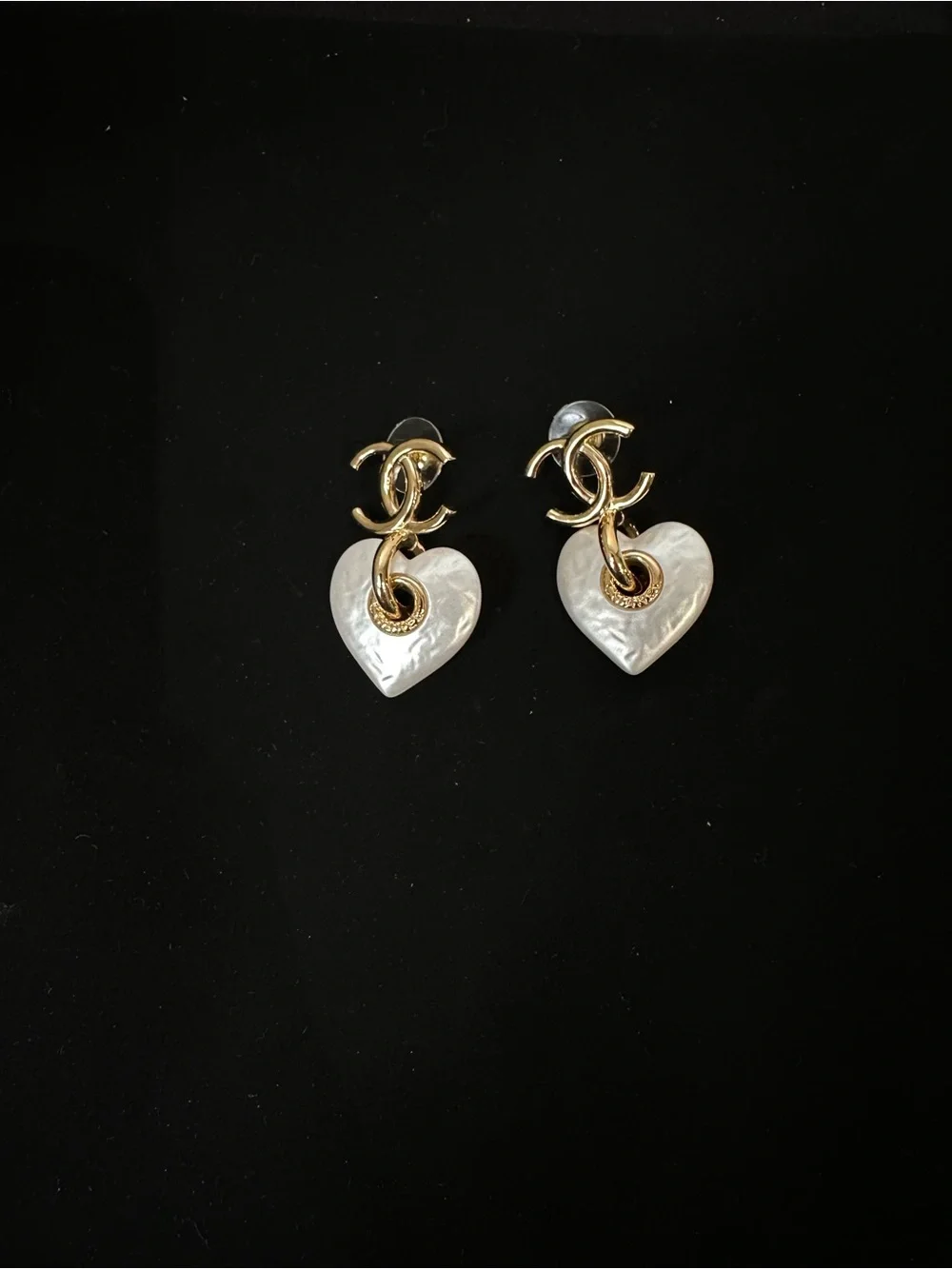 CHANEL Gold and Pearl-Effect Heart Drop Earrings